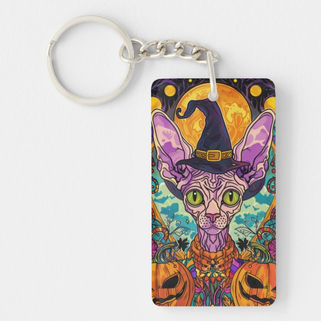 Spooky Sphynx Cat Halloween Witch And Pumpkin Key Ring (Front)
