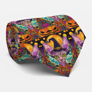 Spooky Sphynx Cat Halloween Witch And Pumpkin Tie