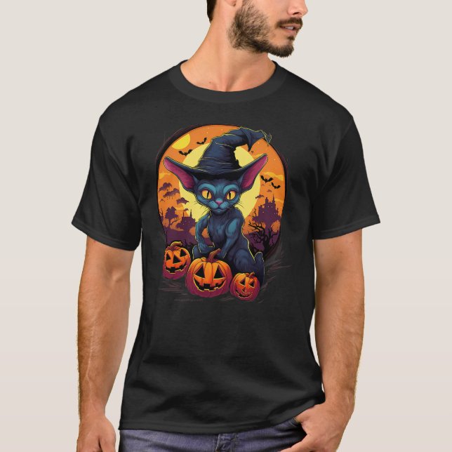 Spooky Sphynx Cat Witch Halloween T-Shirt (Front)