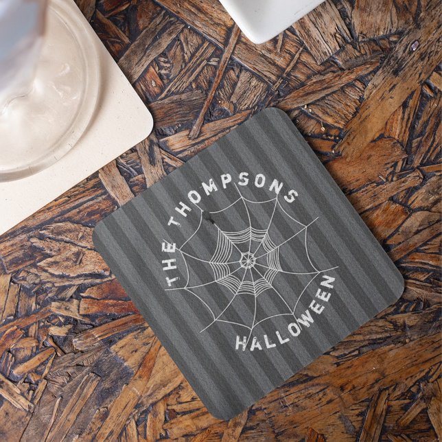 Spooky Spider in Spider Web Beverage Coaster (Spooky gothic spider web coaster featuring creepy Halloween spider design for spooky party.)