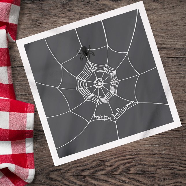 Spooky Spider in Spider Web Napkin (Happy Halloween spider web napkin with black and white design.)