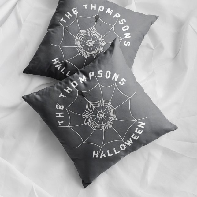 Spooky Spider in Spider Web Personalised Cushion (Spooky spider web Halloween pillow with personalized family name and creepy spider decor.)