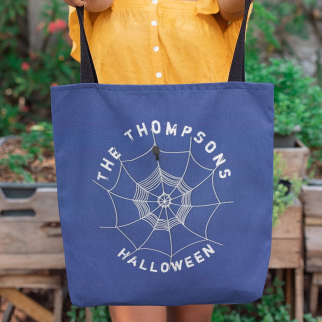 Spooky Spider in Spider Web Personalised Tote Bag (Spooky spider web Halloween tote bag with creepy spider design and personalized name.)