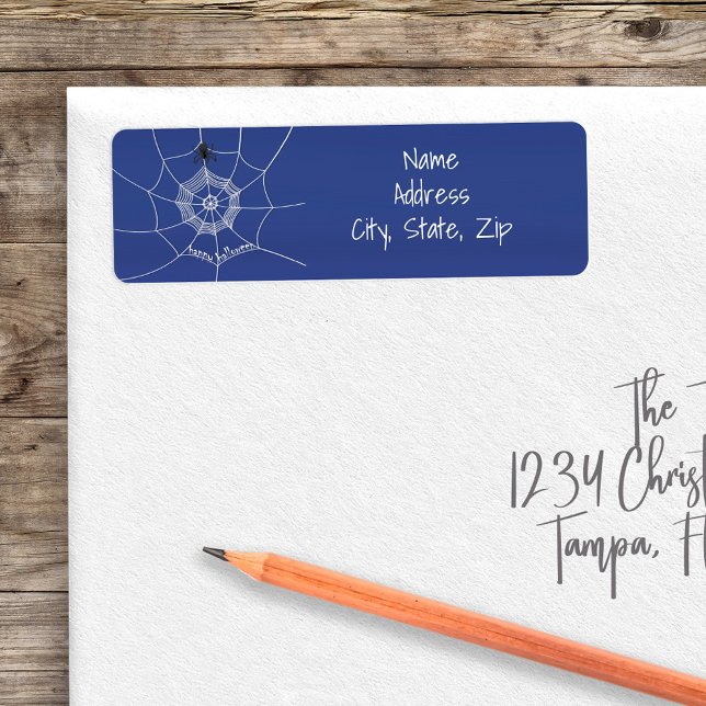 Spooky Spider spinning Happy Halloween Web Return Address Label (Blue Spider web cute halloween return address labels. )