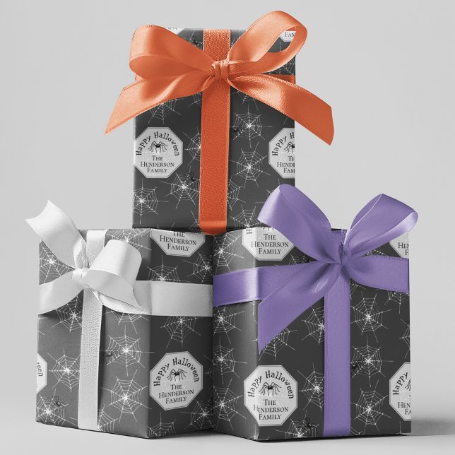 Spooky Spiders Black Halloween Wrapping Paper (Custom Creepy Spiderwebs & Spiders on a Purple Background. Personalize with your Family Name.)