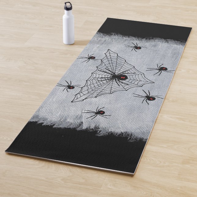 Spooky Spiderweb Black Widow Spider on Black White Yoga Mat (In Situ)