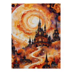 Spooky Spiral Castle - Halloween Orange Poster