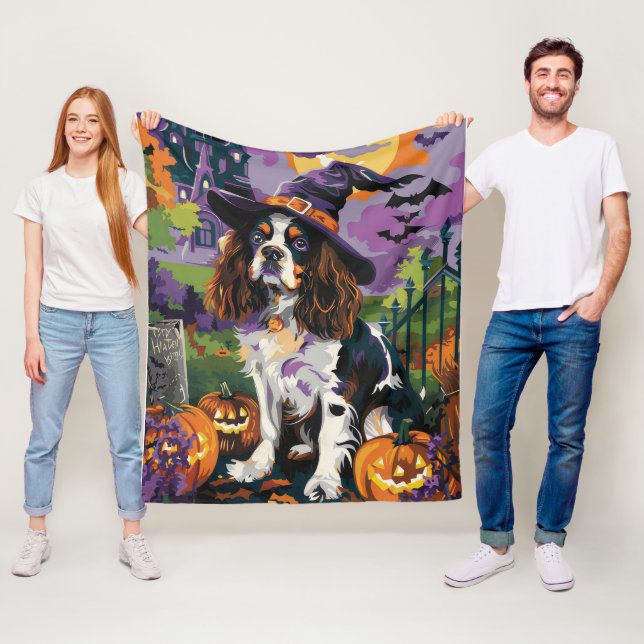 Spooky Springer Spaniel Halloween Witch Pumpkin  Fleece Blanket (In Situ)