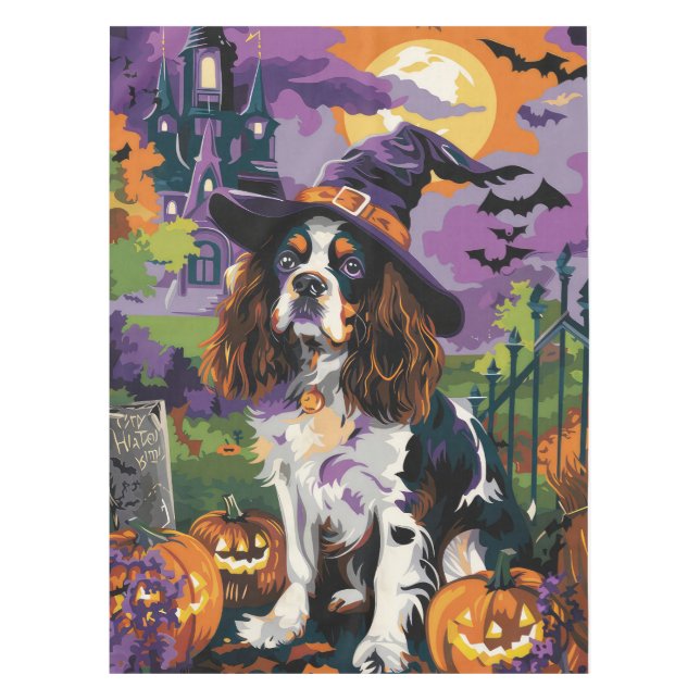 Spooky Springer Spaniel Halloween Witch Pumpkin  Tablecloth (Front)