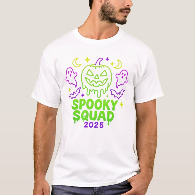 Spooky Squad 2025 Halloween Neon Ghost Pumpkin T-Shirt (Front)