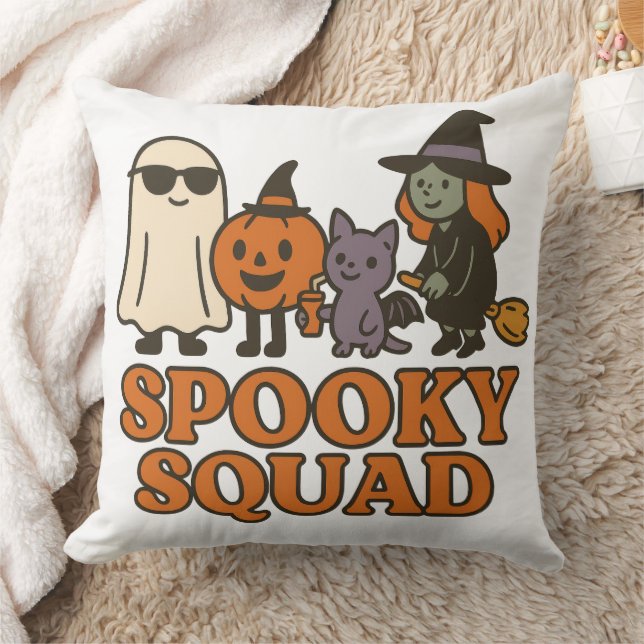 Spooky Squad Cute Witch Ghost Cat Pumpkin Cushion (Blanket)