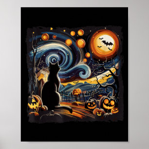 Spooky Starry Art Night Sky Art Black Cat Pumpkin Poster