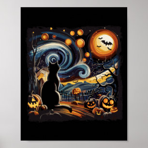 Spooky Starry Art Night Sky Art Black Cat Pumpkin Poster