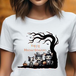 Spooky Striped Halloween Ghost Cat with Kittens T-Shirt