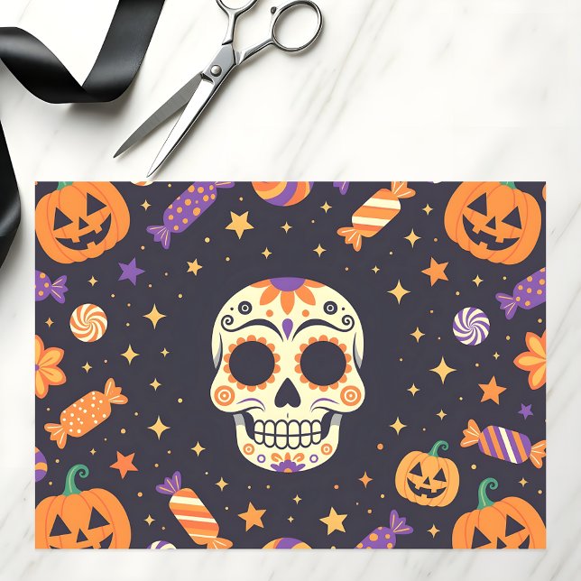 Spooky Sugar Skull and Jack-O'-Lanterns Halloween Tissue Paper (Creator Uploaded)