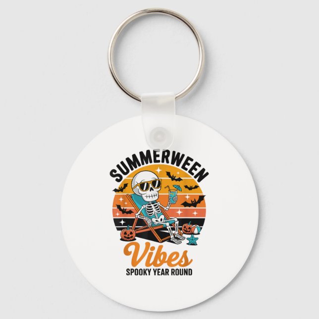 Spooky Summer Beach Skeleton Funny Halloween Summe Key Ring (Front)