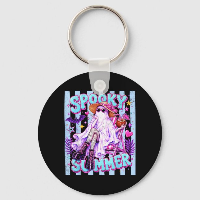 Spooky Summer Halloween Ghost Retro Blue Ped Key Ring (Front)