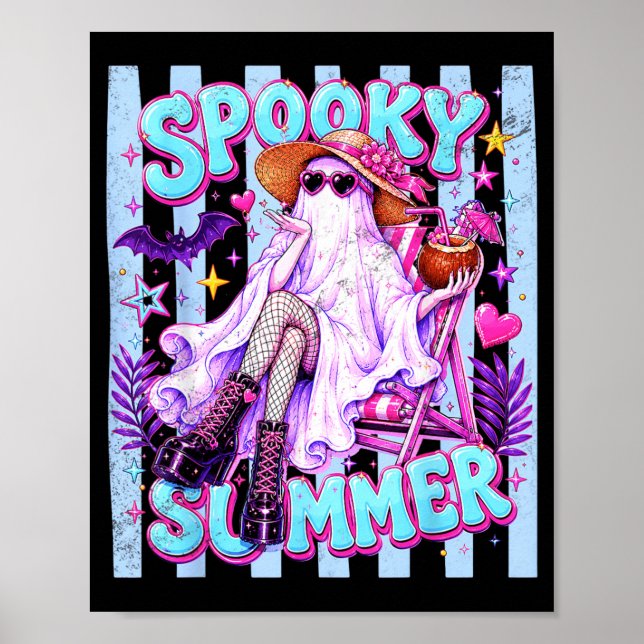Spooky Summer Halloween Ghost Retro Blue Ped Poster (Front)