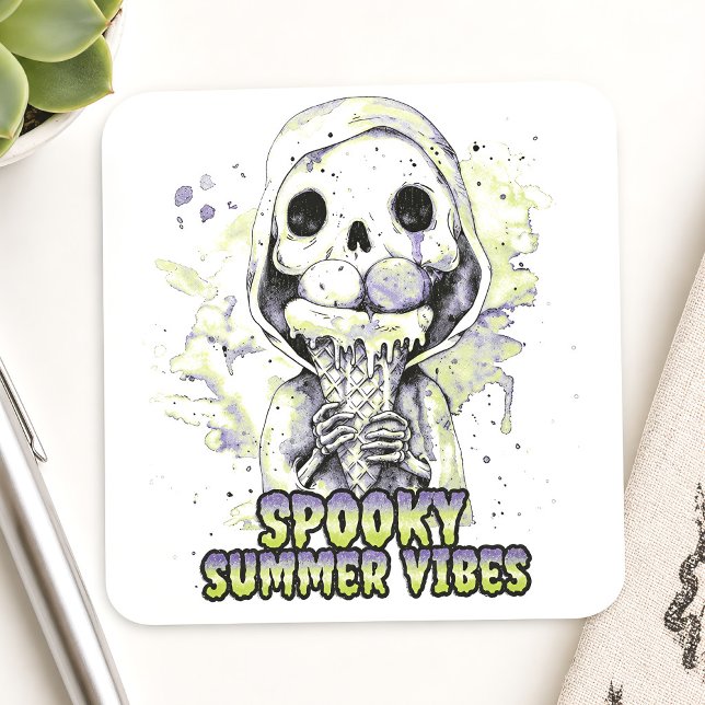 Spooky Summer Vibes Skeleton Ice Cream Summerween Square Sticker (Creator Uploaded)