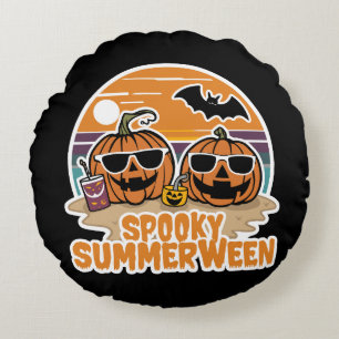 Spooky Summerween - pumpkins on the beach Round Cushion