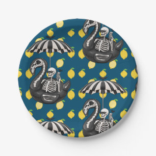 Spooky Summerween skeleton with lemons Paper Plate