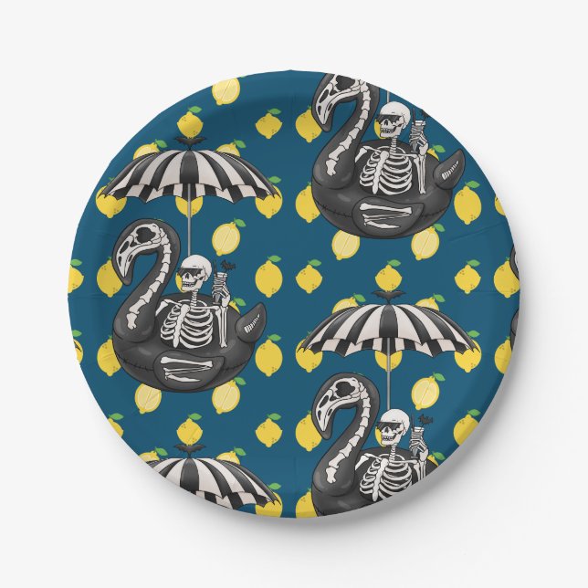 Spooky Summerween skeleton with lemons Paper Plate (Front)