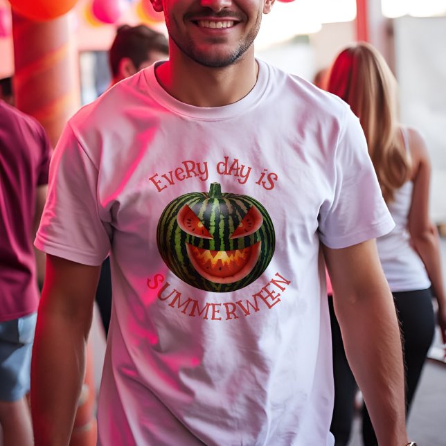 Spooky Summerween Watermelon Jack o Lantern Summer Tri-Blend Shirt (Summerween t-shirt featuring a spooky watermelon jack-o'-lantern for a campy Halloween Summer Party.)