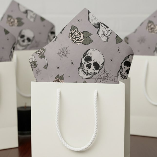 Spooky Taupe Grey Floral Small Skull Halloween Tissue Paper (Taupe Gothic Halloween Vintage Floral Skull Tissue Paper. Flowers & Skull Skeleton Pattern For Her)