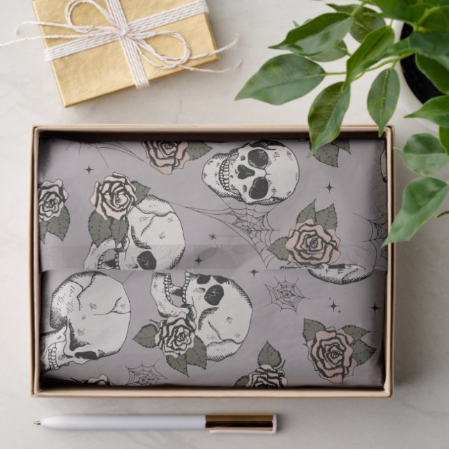 Spooky Taupe Grey Floral Small Skull Halloween Tissue Paper (Gift)