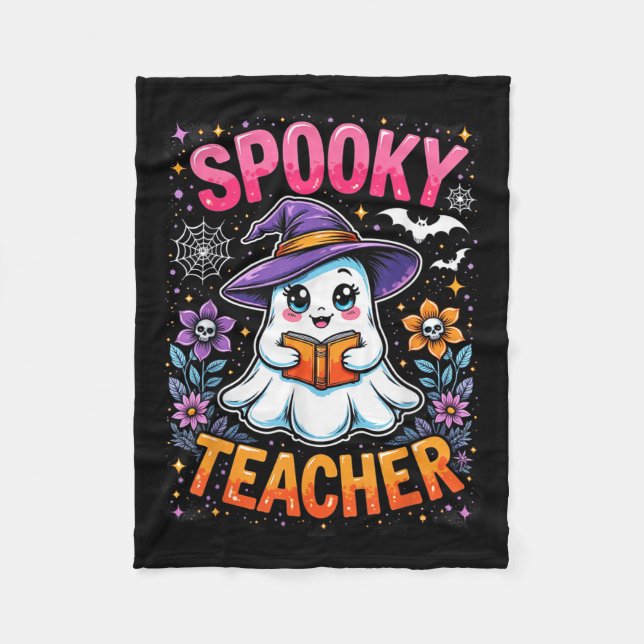 Spooky Teacher Cute Ghost Reading Book Funny Hallo Fleece Blanket (Front)