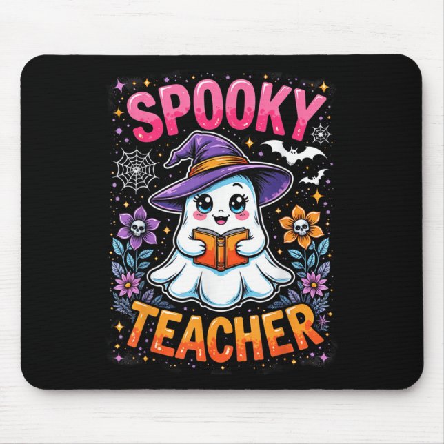 Spooky Teacher Cute Ghost Reading Book Funny Hallo Mouse Pad (Front)