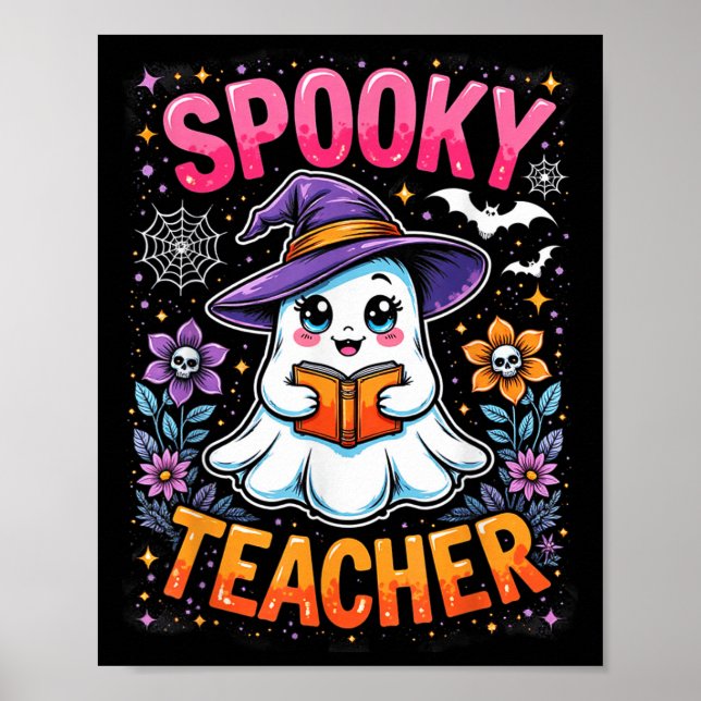 Spooky Teacher Cute Ghost Reading Book Funny Hallo Poster (Front)
