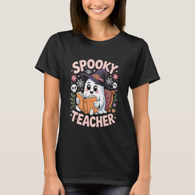 Spooky Teacher Ghost with Witch Hat Reading T-Shirt (Front)