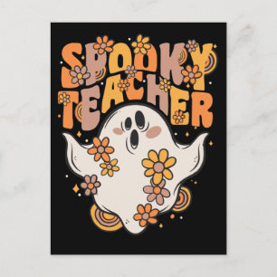 Spooky Teacher Groovy Ghost With Vintage Flowers H Holiday Postcard