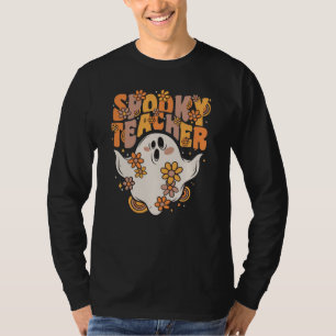 Spooky Teacher Groovy Ghost With Vintage Flowers T-Shirt
