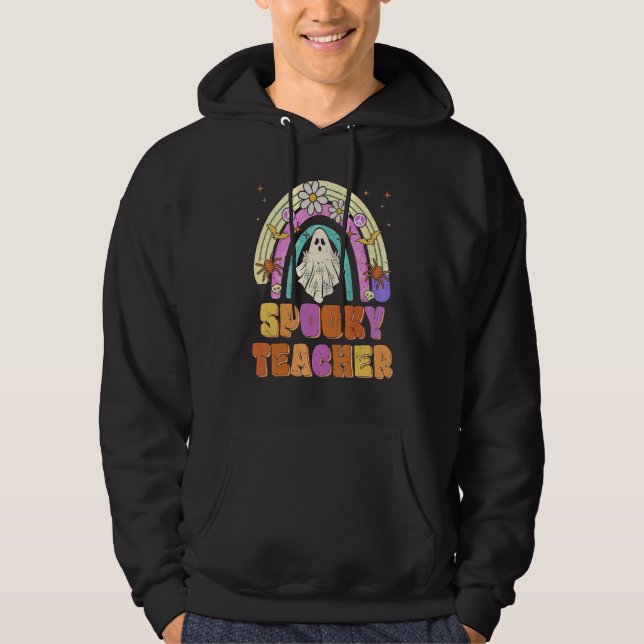 Spooky Teacher Retro Spooky Floral Ghost Hippie Ha Hoodie (Front)