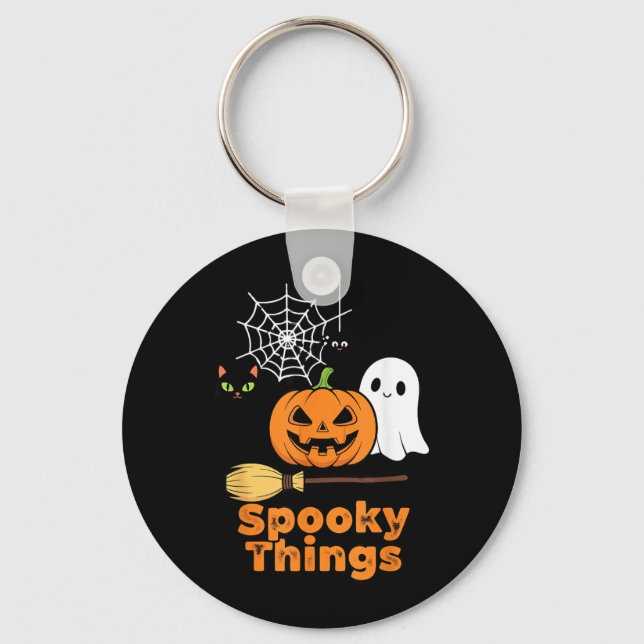 Spooky Things Cute Halloween Pumpkin Ghost Black Key Ring (Front)