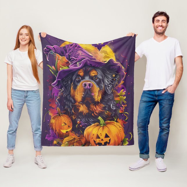 Spooky Tibetan Mastiff Dog Halloween Witch Pumpkin Fleece Blanket (In Situ)