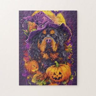 Spooky Tibetan Mastiff Dog Halloween Witch Pumpkin Jigsaw Puzzle