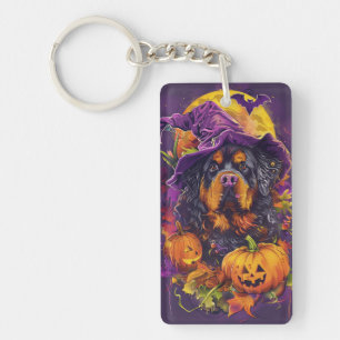 Spooky Tibetan Mastiff Dog Halloween Witch Pumpkin Key Ring