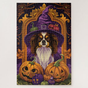 Spooky Tibetan Spaniel Dog Halloween Witch Pumpkin Jigsaw Puzzle