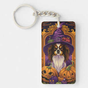 Spooky Tibetan Spaniel Dog Halloween Witch Pumpkin Key Ring