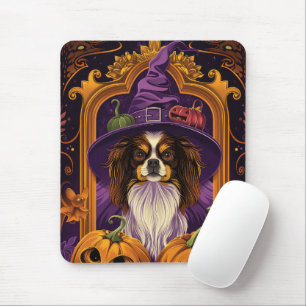 Spooky Tibetan Spaniel Dog Halloween Witch Pumpkin Mouse Pad