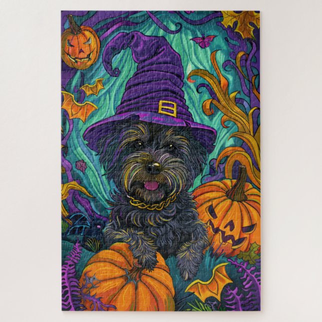 Spooky Tibetan Terrier Dog Halloween Witch Pumpkin Jigsaw Puzzle (Vertical)