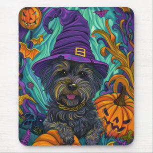Spooky Tibetan Terrier Dog Halloween Witch Pumpkin Mouse Pad