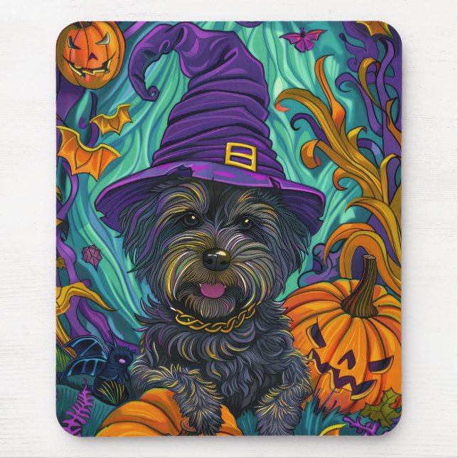 Spooky Tibetan Terrier Dog Halloween Witch Pumpkin Mouse Pad (Front)