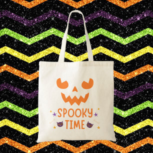 Spooky Time Pumpkin Face with Cats Halloween Tote Bag