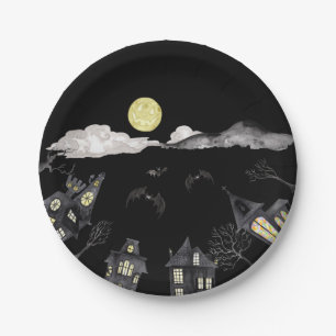 Spooky town watercolour Halloween Paper Plate