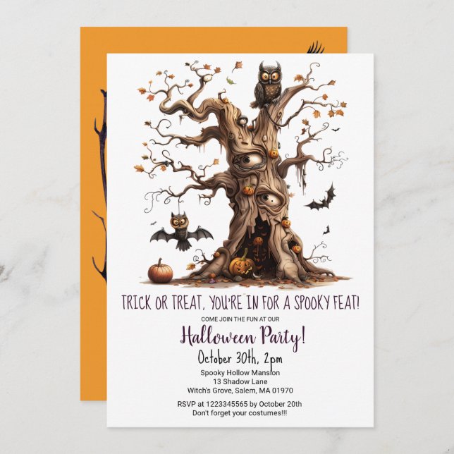 Spooky Tree Owl Bats Pumpkins Halloween Party  Invitation (Front/Back)