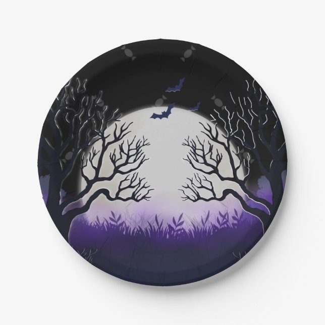 Spooky Tree Purple & Black Full Moon Bat Halloween Paper Plate (Front)
